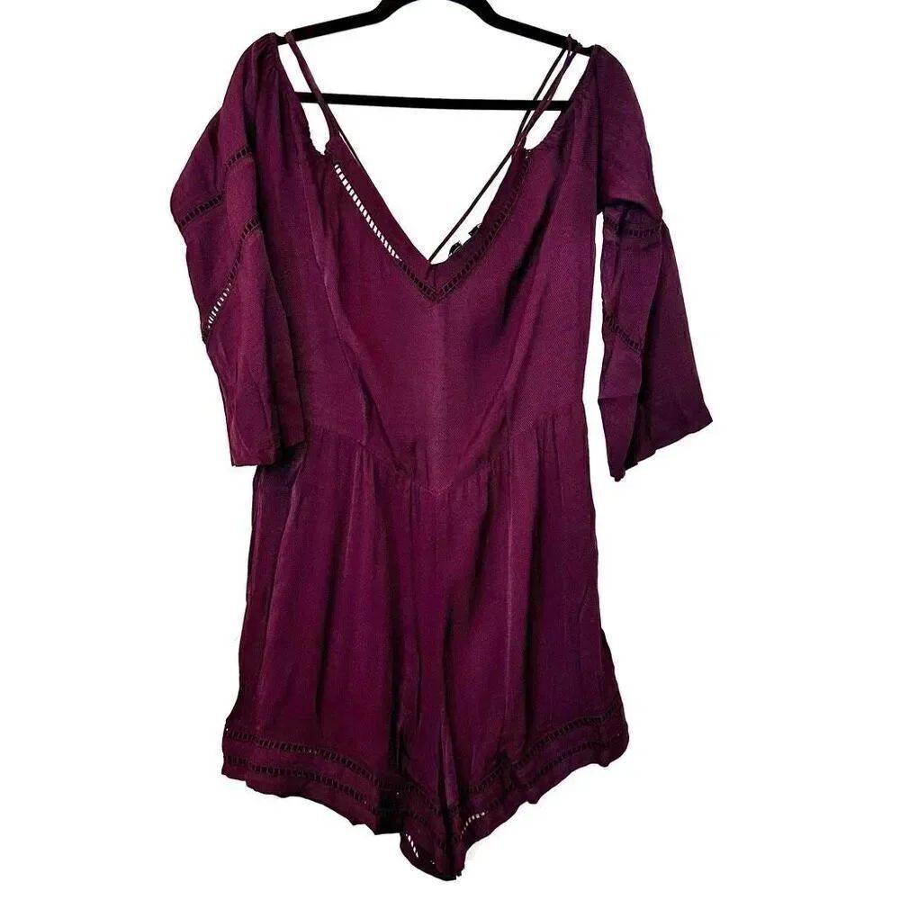 Kendall Kylie V-Neck Ladder Trim Cold Shoulder Long Sleeve Romper Burgundy Large